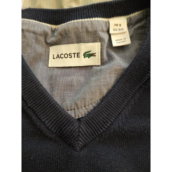 Men's Lacoste Navy Blue Cotton V-Neck Knit Long Sleeve Sweater Size 8 3XL - Picture 5 of 7